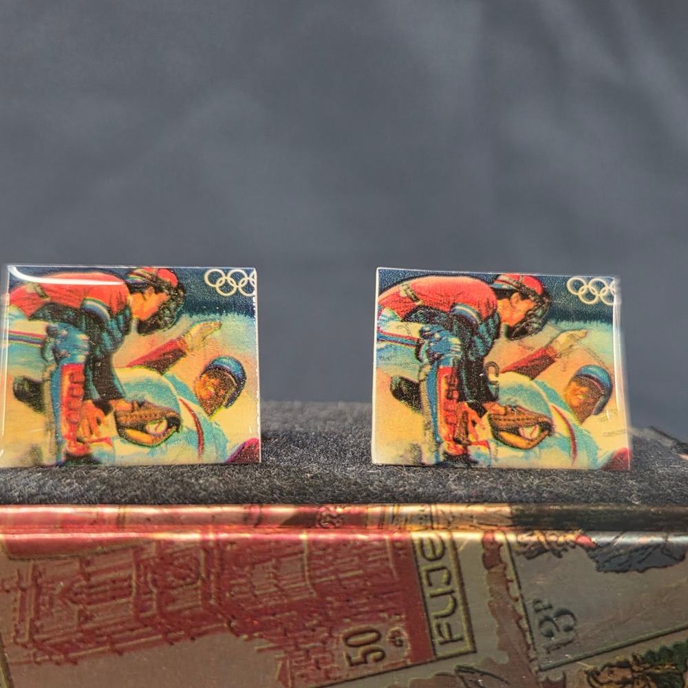 Vintage 1992 Pair Of Boxed SLIDING INTO HOME Olympic Stamp Bullet Back Cufflinks